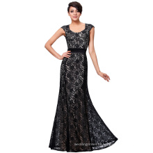 Kate Kasin Cap Sleeve Floral Lace Black Long Evening Dress KK000215-1